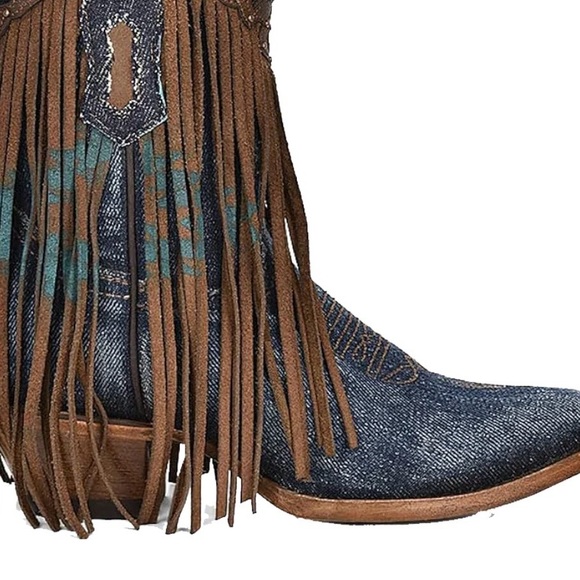 Corral Ladies Fringe Ankle Brown & Denim Overlay Pointed Toe Boots Z5154 - Picture 2 of 2